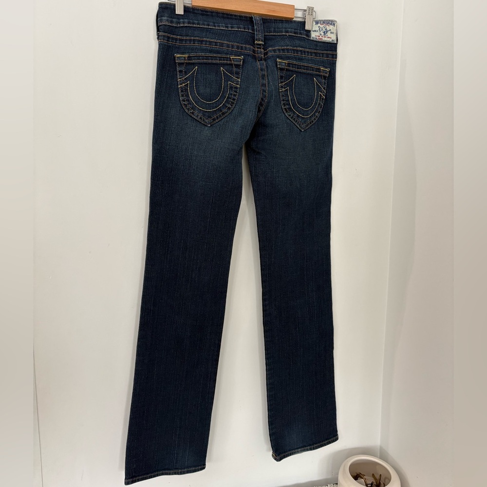 TRUE RELIGION JOHNNY 30/33L Y2K Low Rise Denim Jeans Boot Cut Logo Pockets Boho